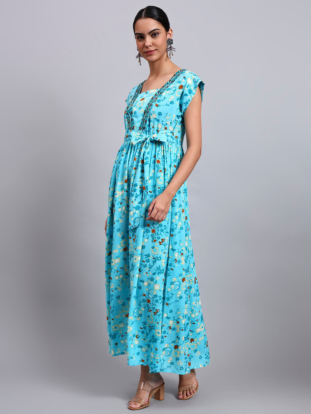Women Floral Printed Cotton Jalabiya with Cap Sleeves & Square Neckline-AL4010 Turquoise