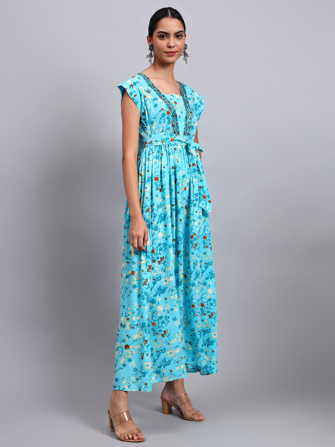 Women Floral Printed Cotton Jalabiya with Cap Sleeves & Square Neckline-AL4010 Turquoise