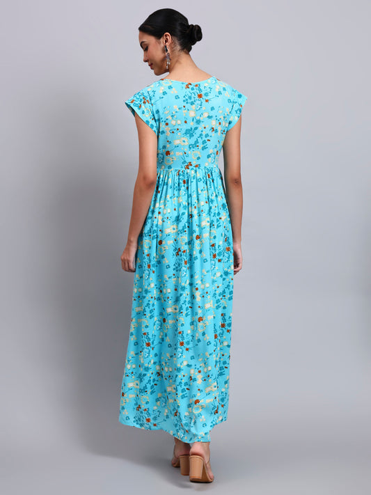 Women Floral Printed Cotton Jalabiya with Cap Sleeves & Square Neckline-AL4010 Turquoise
