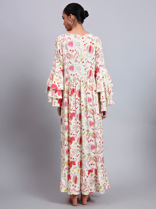 Women Floral Printed Rayon Jalabiya with Lace-Up Neckline-AL4006 Red