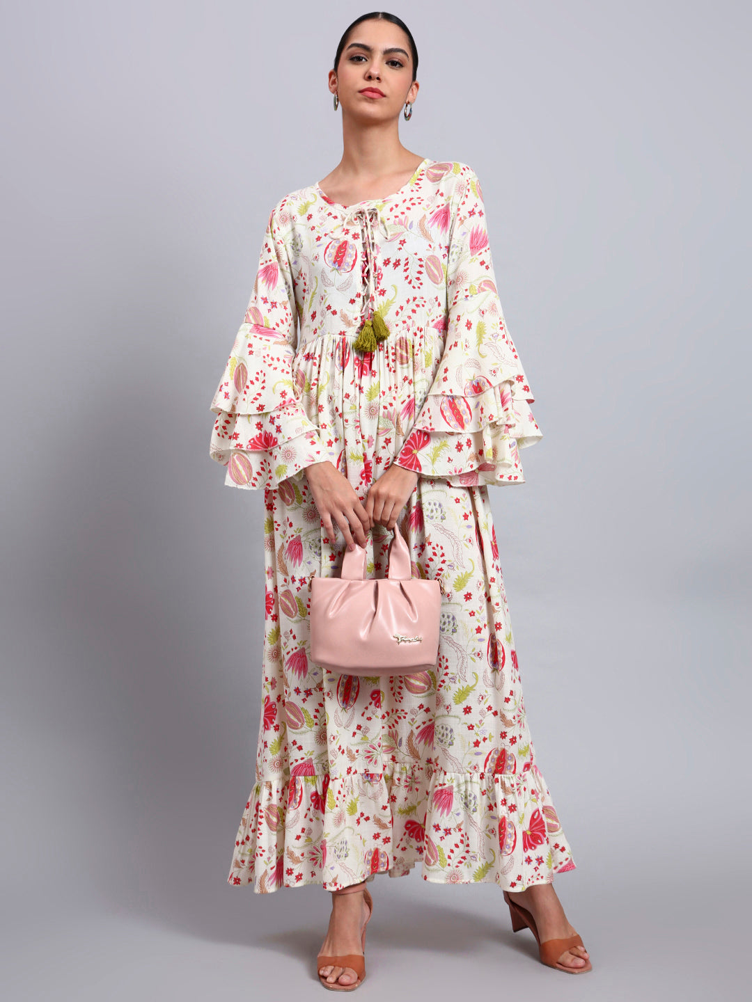 Women Floral Printed Rayon Jalabiya with Lace-Up Neckline-AL4006 Red