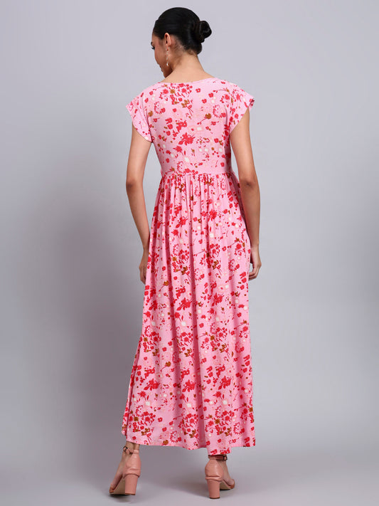 Women Floral Printed Cotton Jalabiya with Cap Sleeves & Square Neckline-AL4010 Pink