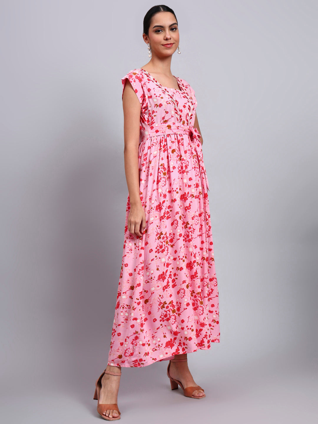 Women Floral Printed Cotton Jalabiya with Cap Sleeves & Square Neckline-AL4010 Pink