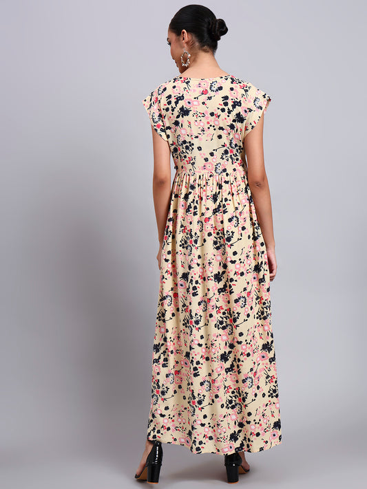 Women Floral Printed Cotton Jalabiya with Cap Sleeves & Square Neckline-AL4010 Beige