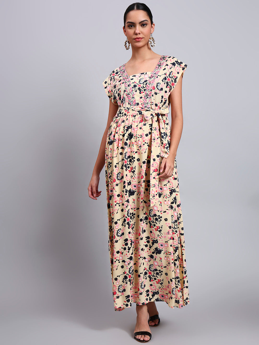 Women Floral Printed Cotton Jalabiya with Cap Sleeves & Square Neckline-AL4010 Beige