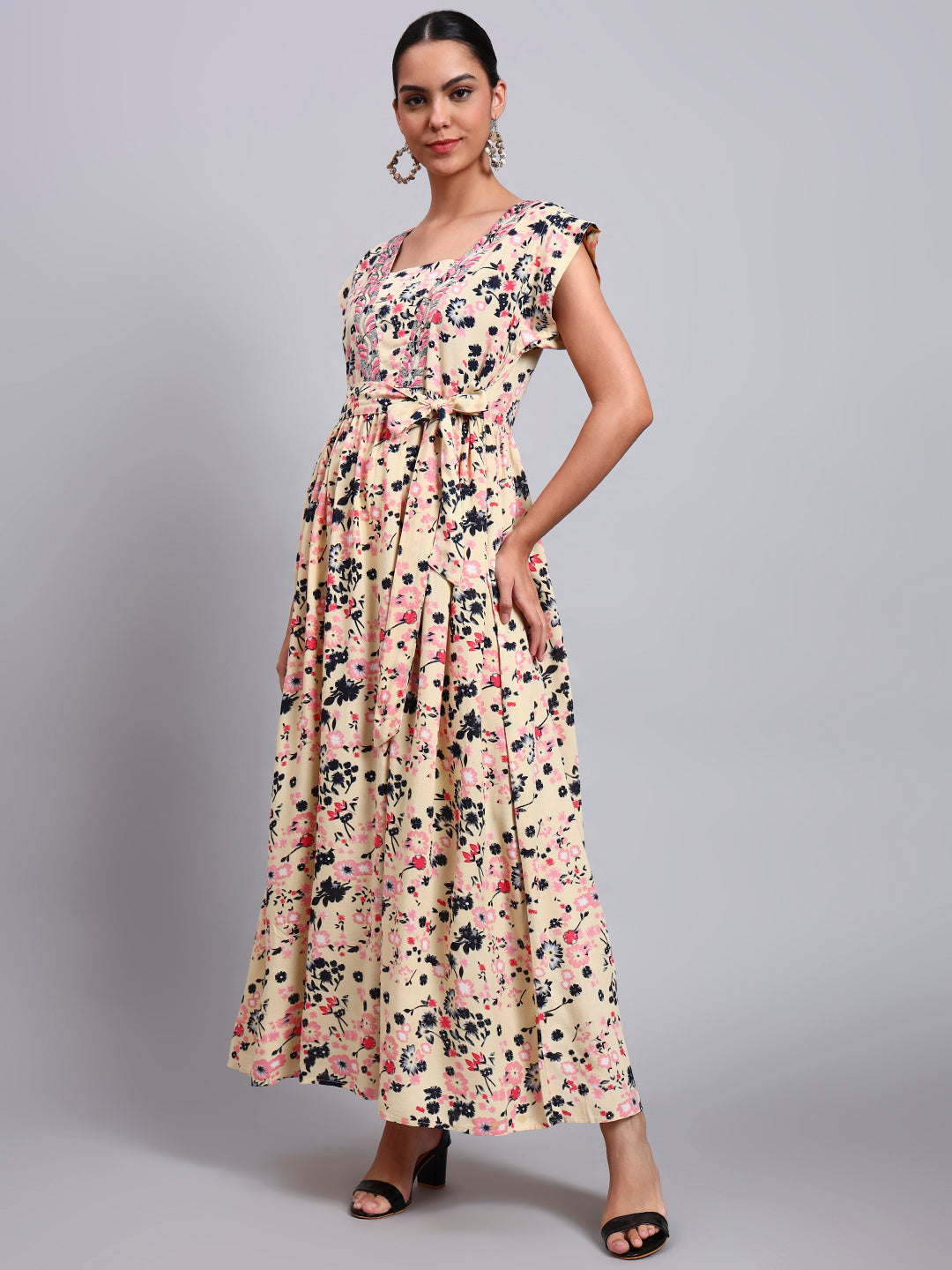 Women Floral Printed Cotton Jalabiya with Cap Sleeves & Square Neckline-AL4010 Beige