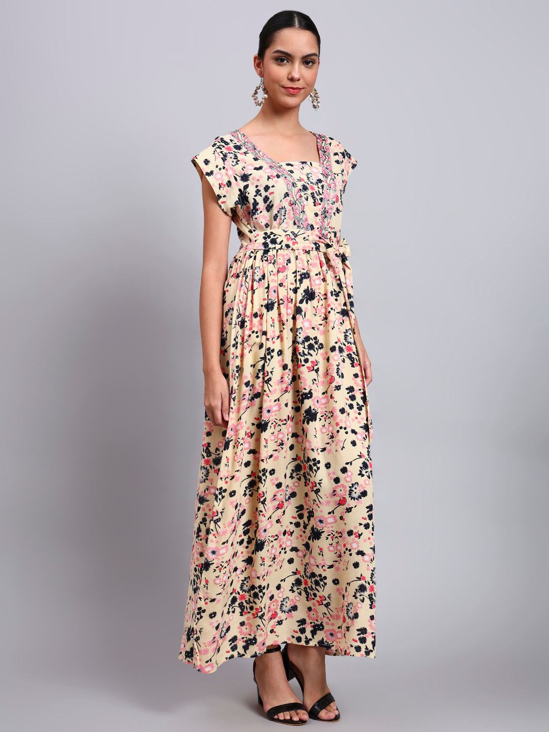 Women Floral Printed Cotton Jalabiya with Cap Sleeves & Square Neckline-AL4010 Beige