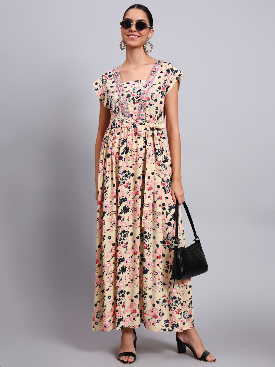 Women Floral Printed Cotton Jalabiya with Cap Sleeves & Square Neckline-AL4010 Beige