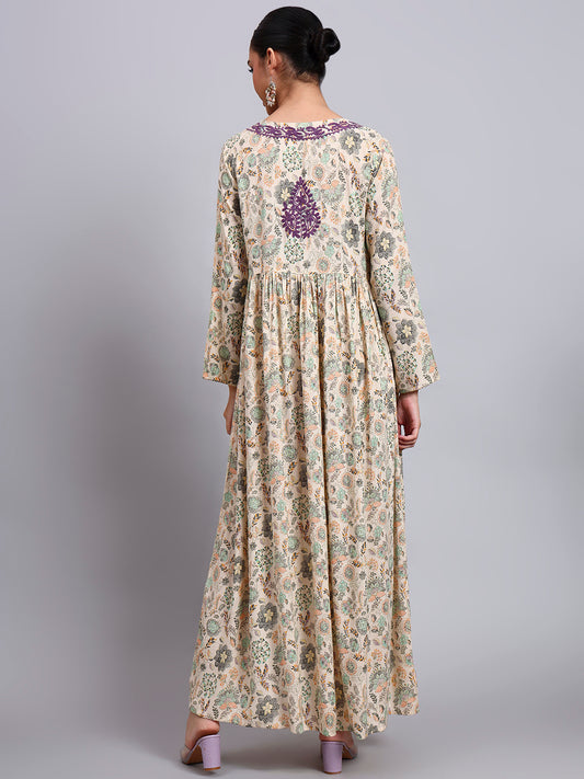 Women's Printed Rayon Jalabiya with Embroidered Neck-AL4067 Mauve