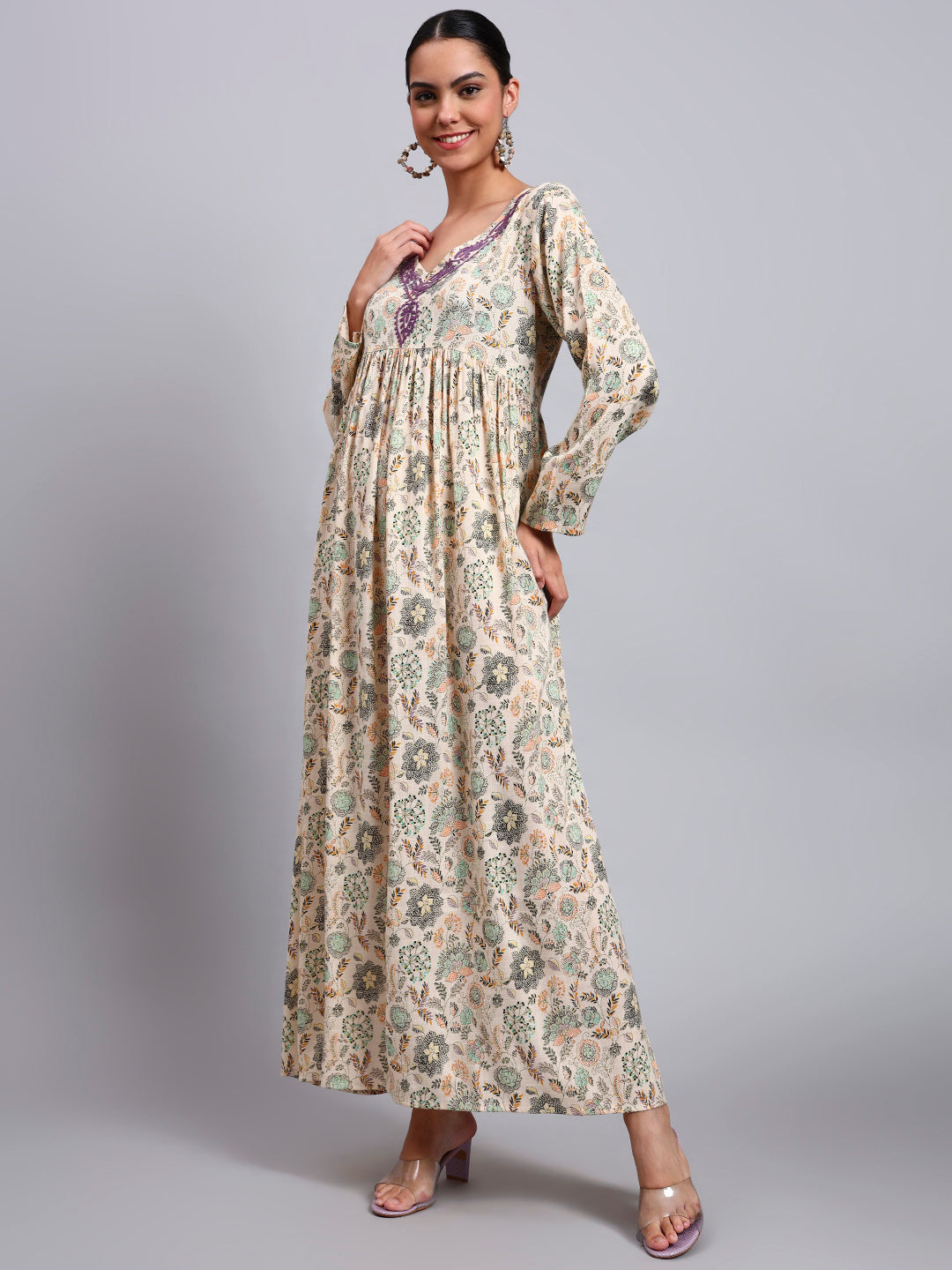 Women's Printed Rayon Jalabiya with Embroidered Neck-AL4067 Mauve