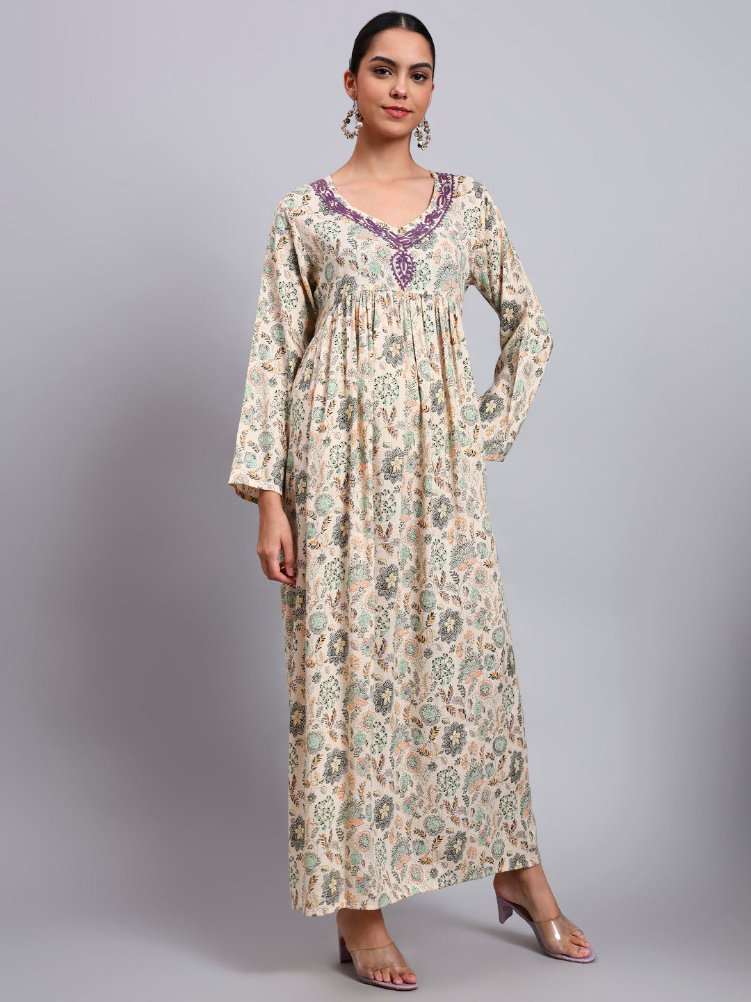 Women's Printed Rayon Jalabiya with Embroidered Neck-AL4067 Mauve