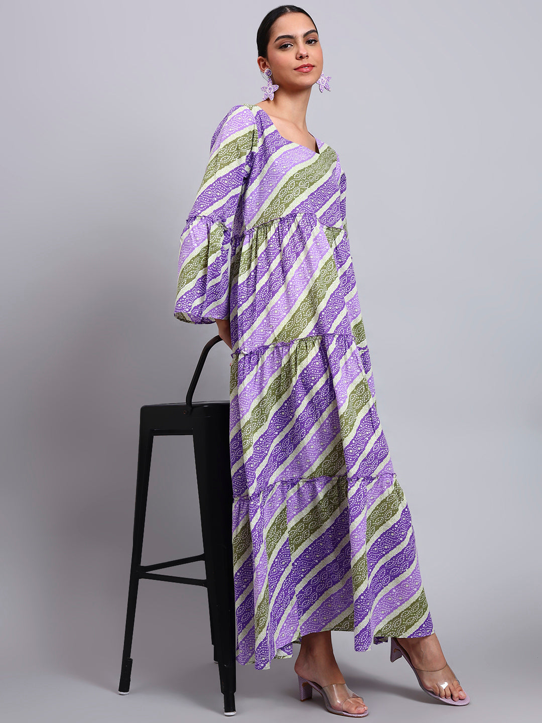 Women Printed Cotton Jalabiya with Bell Sleeves & Square Neckline-AL4050 Mauve