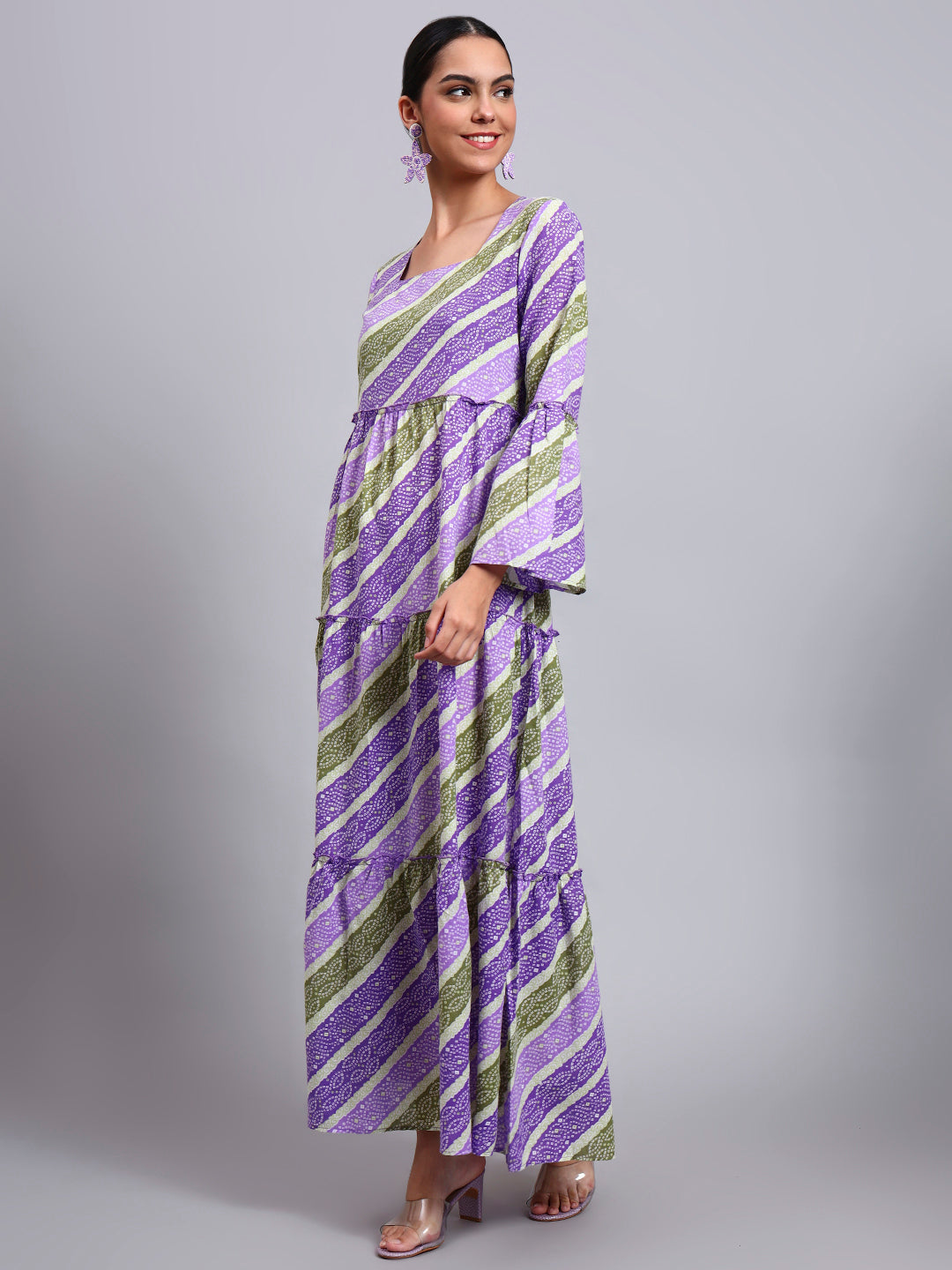 Women Printed Cotton Jalabiya with Bell Sleeves & Square Neckline-AL4050 Mauve