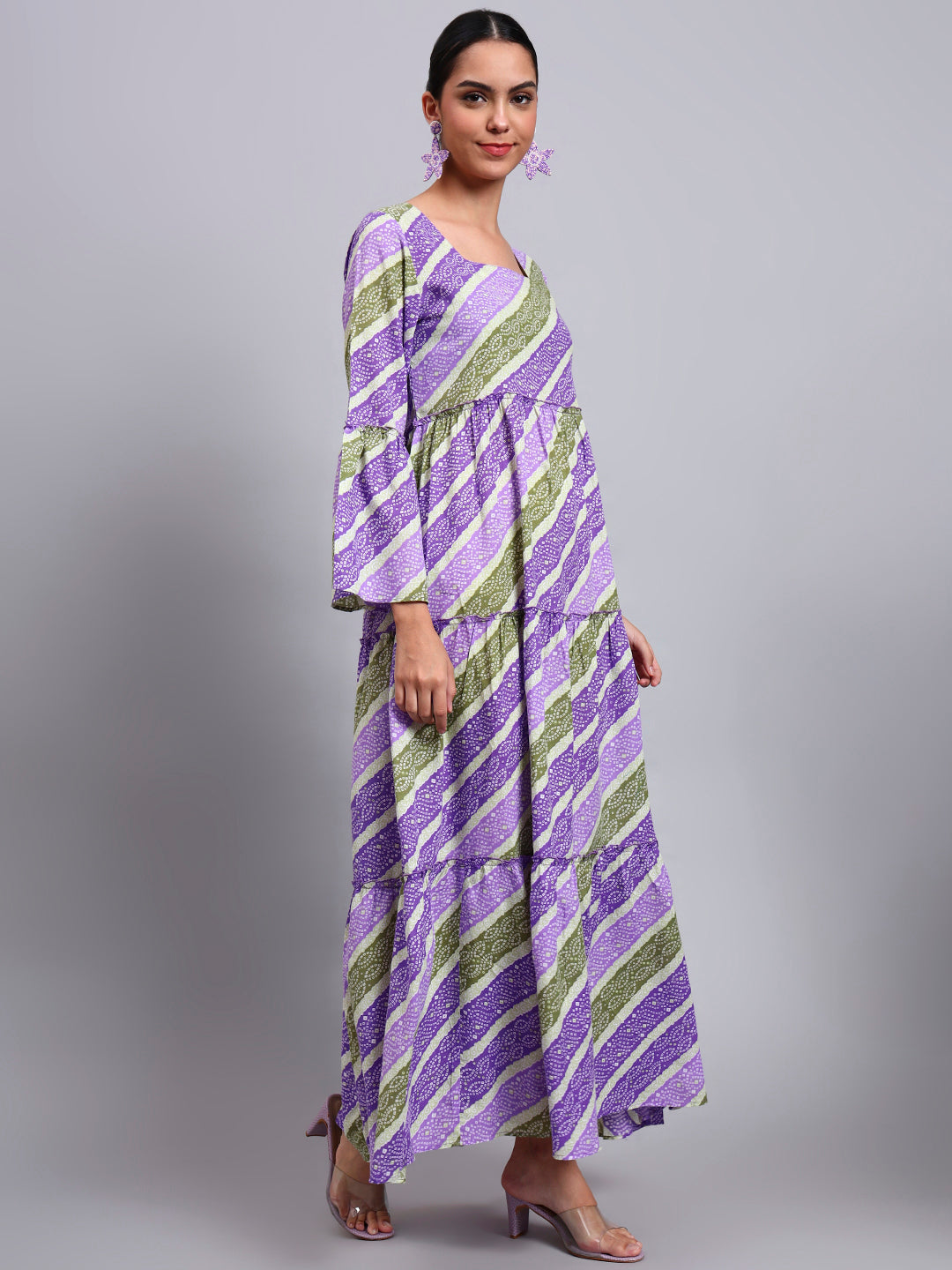 Women Printed Cotton Jalabiya with Bell Sleeves & Square Neckline-AL4050 Mauve