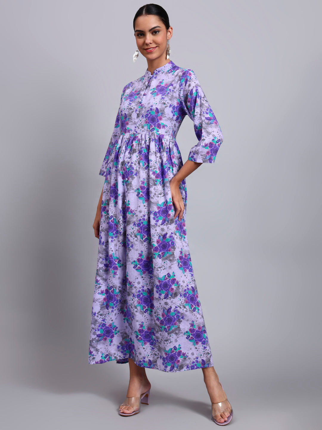 Women Floral Printed Cotton Jalabiya with Mandarin Collar & Three-Quarter Sleeves-AL4009 Purple