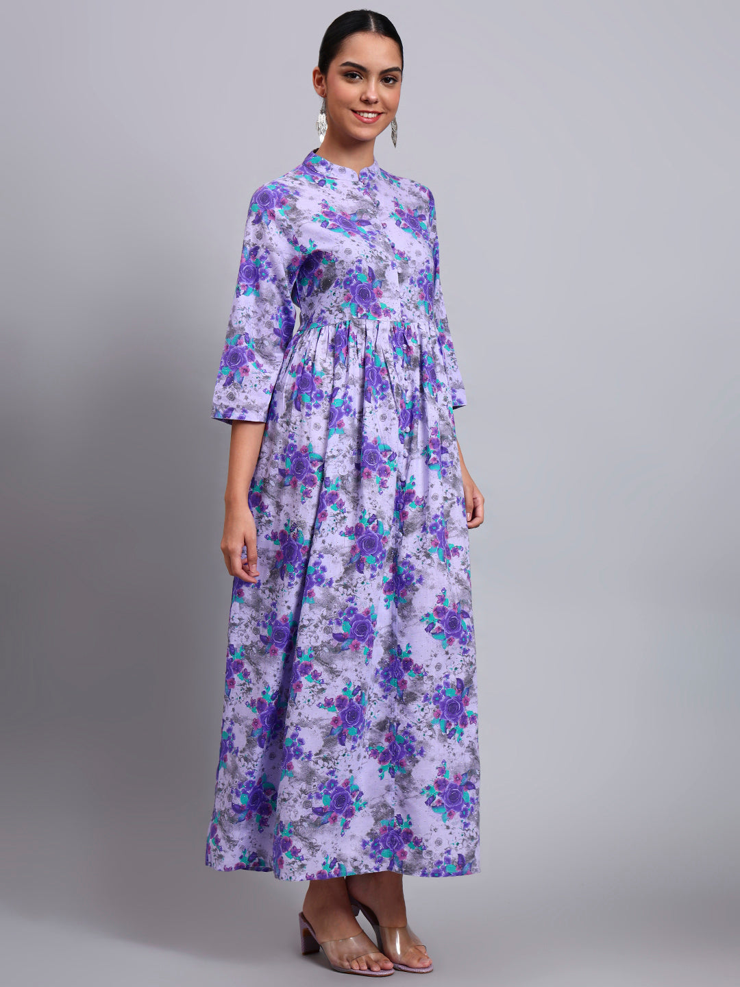 Women Floral Printed Cotton Jalabiya with Mandarin Collar & Three-Quarter Sleeves-AL4009 Purple