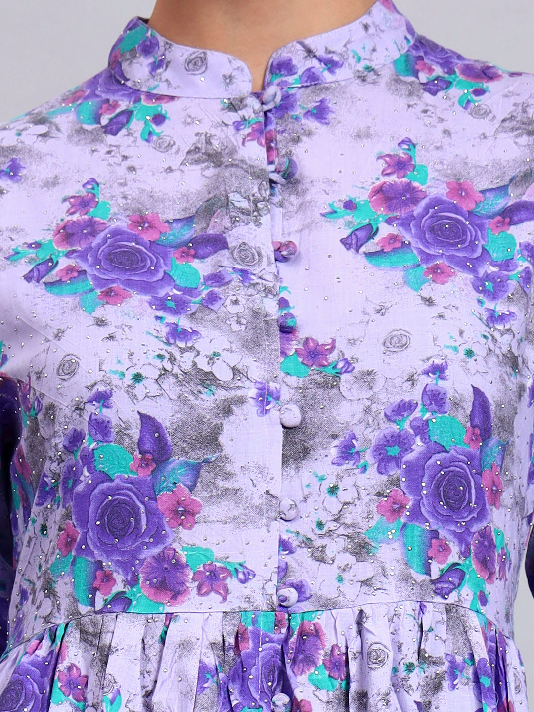 Women Floral Printed Cotton Jalabiya with Mandarin Collar & Three-Quarter Sleeves-AL4009 Purple