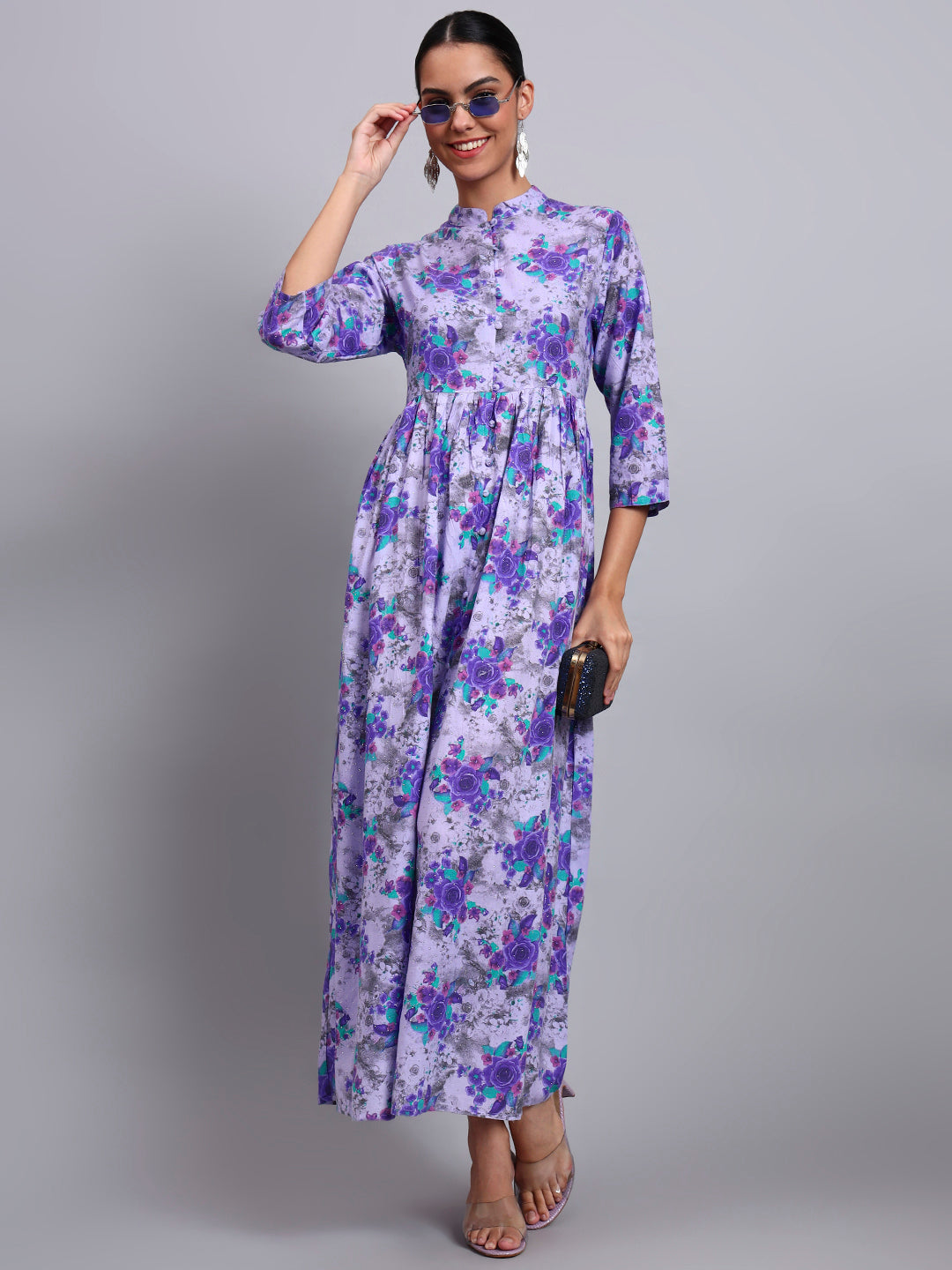 Women Floral Printed Cotton Jalabiya with Mandarin Collar & Three-Quarter Sleeves-AL4009 Purple