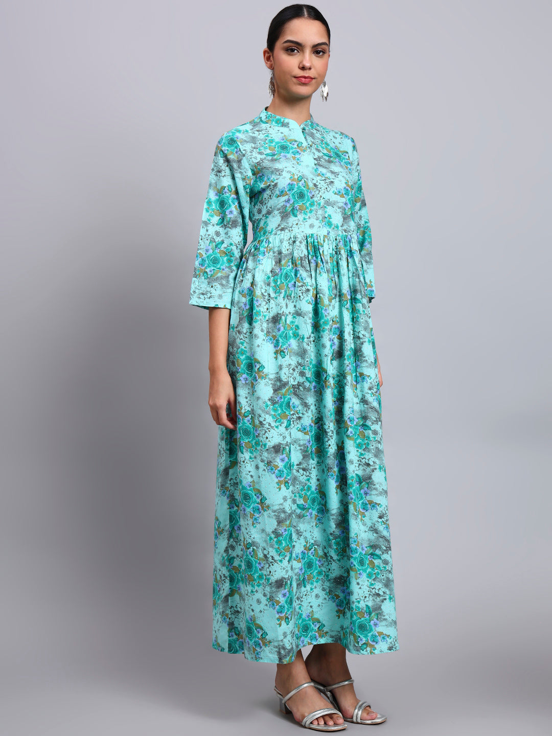 Women Floral Printed Cotton Jalabiya with Mandarin Collar & Three-Quarter Sleeves-AL4009 Seagreen
