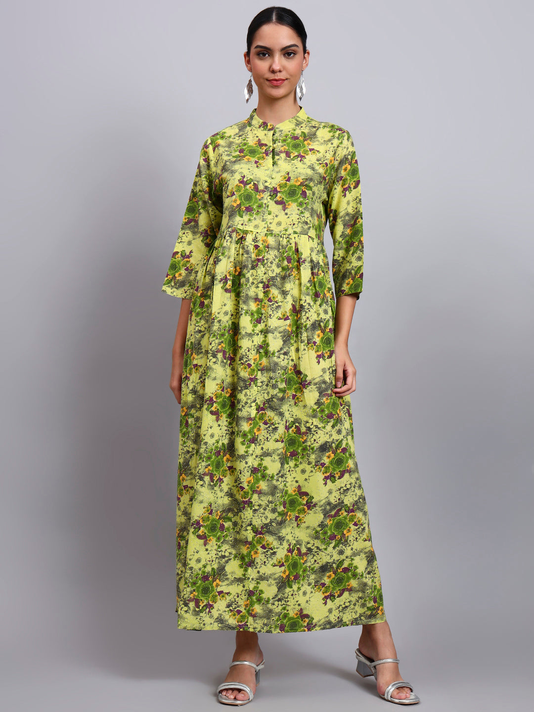 Women Floral Printed Cotton Jalabiya with Mandarin Collar & Three-Quarter Sleeves-AL4009 Parrotgreen
