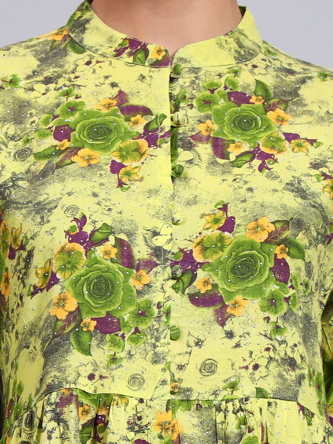 Women Floral Printed Cotton Jalabiya with Mandarin Collar & Three-Quarter Sleeves-AL4009 Parrotgreen