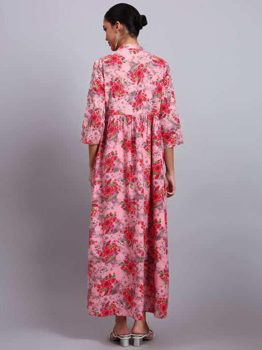 Women Floral Printed Cotton Jalabiya with Mandarin Collar & Three-Quarter Sleeves-AL4009 Coral