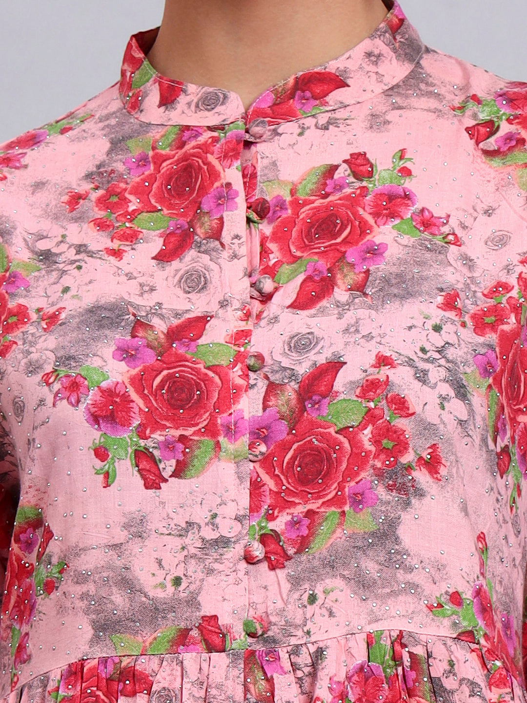 Women Floral Printed Cotton Jalabiya with Mandarin Collar & Three-Quarter Sleeves-AL4009 Coral