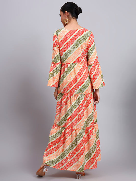Women Printed Cotton Jalabiya with Bell Sleeves & Square Neckline-AL4050 Orange