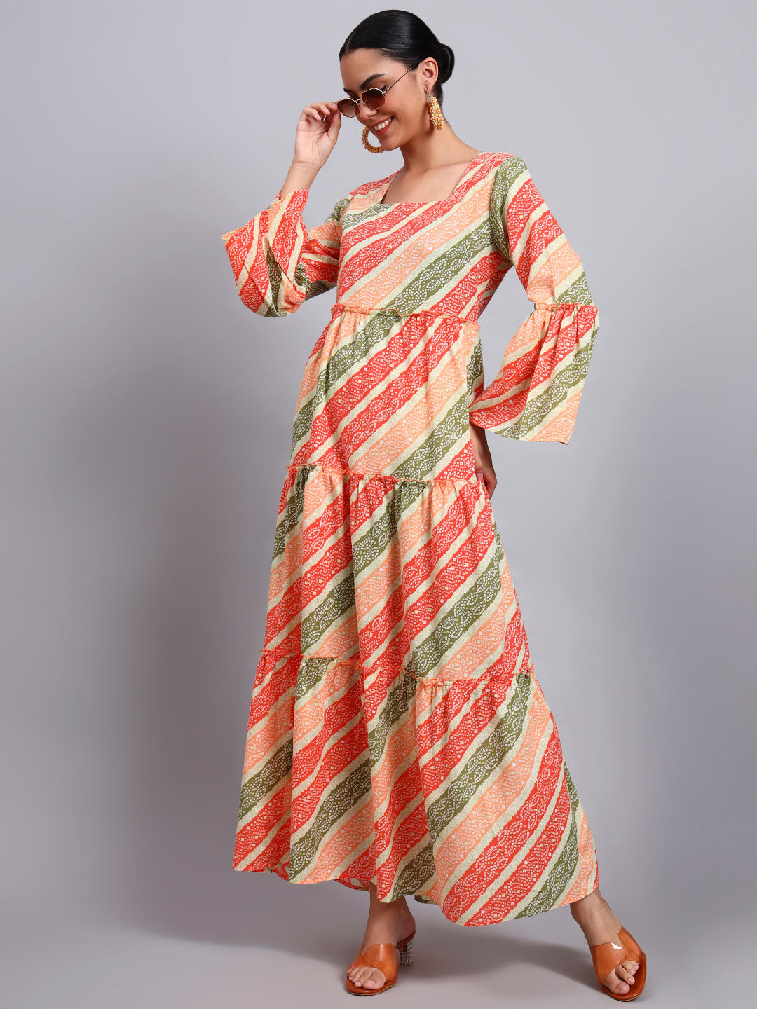 Women Printed Cotton Jalabiya with Bell Sleeves & Square Neckline-AL4050 Orange