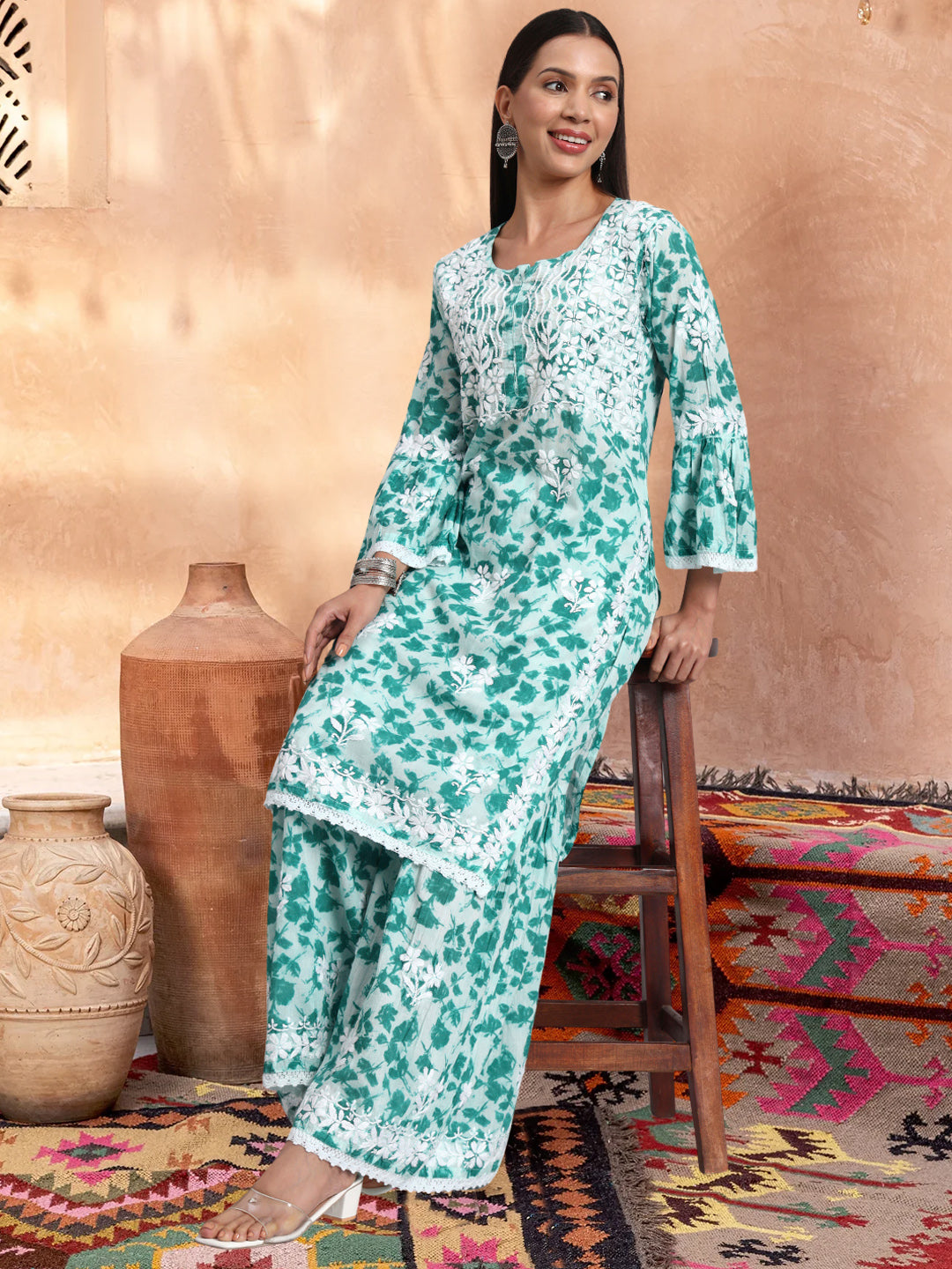 Women Hand Embroidered Chikankari Cotton Kurta Set-AL4099KS Rama Green