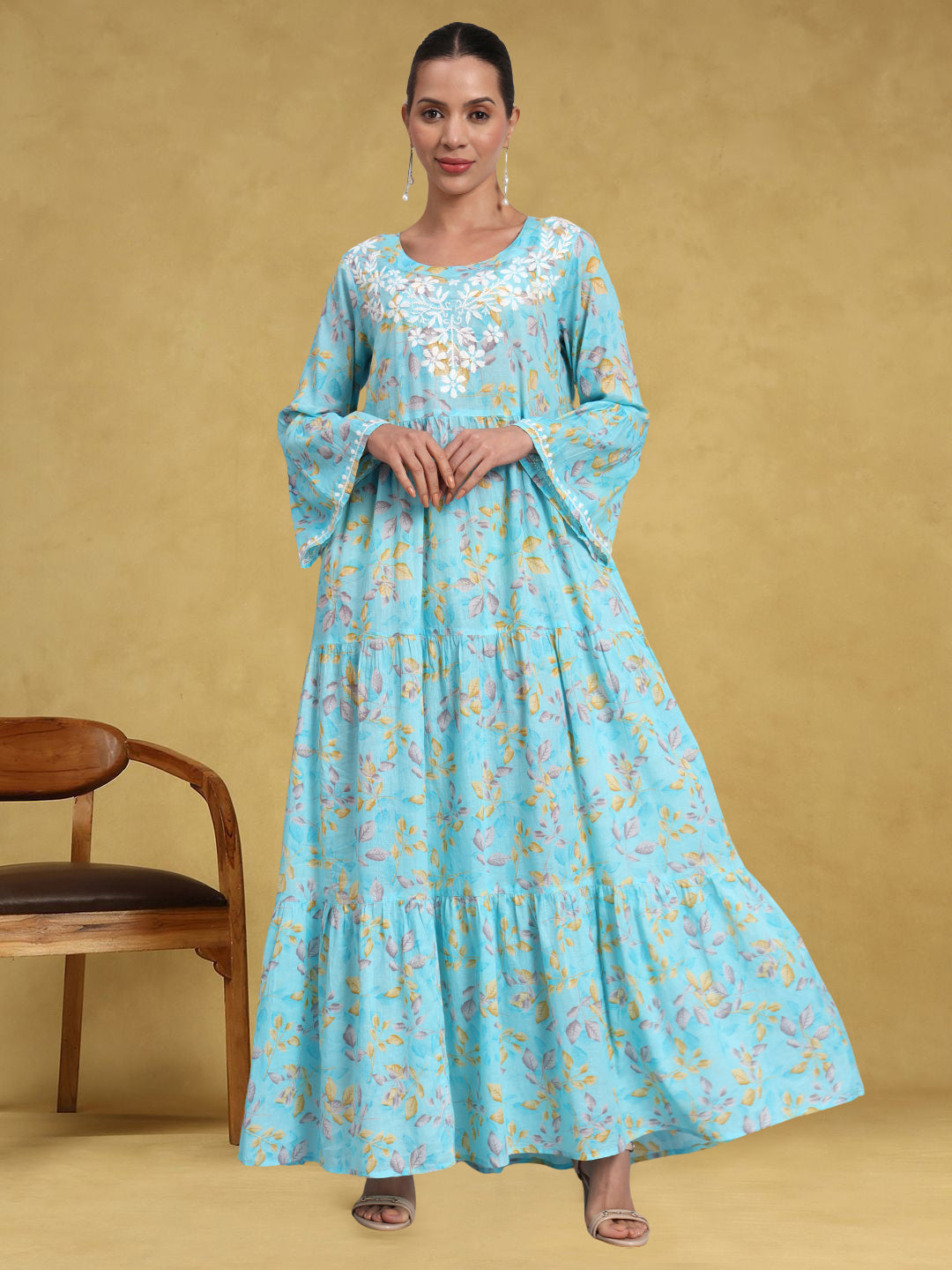 Hand Embroidered Chikankari A-Line Gathering Pattern Mulmul Cotton Jalabiya-AL3673A Blue