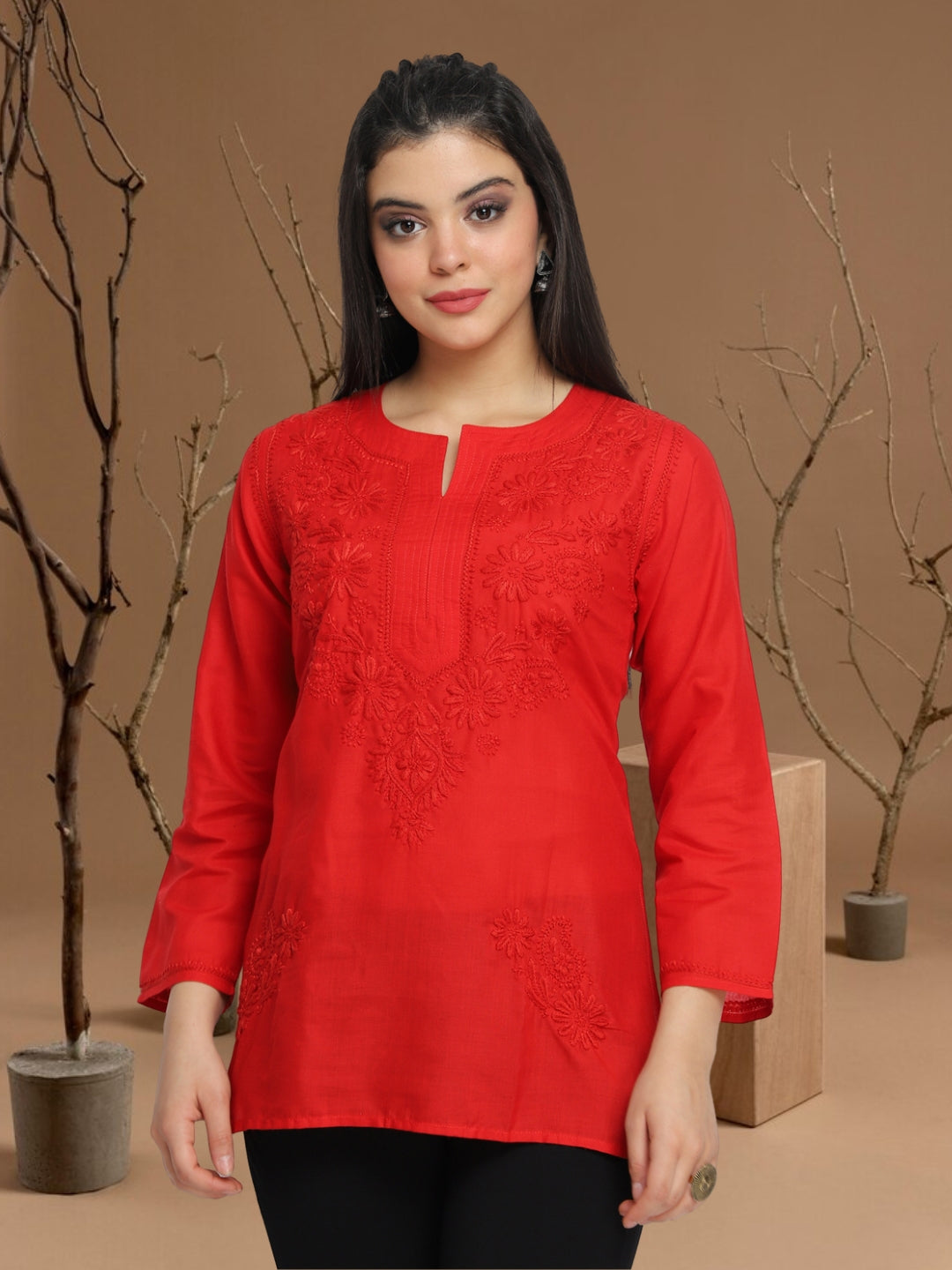 Hand Embroidered Chikankari Cotton Straight Kurti-AL3405 Red