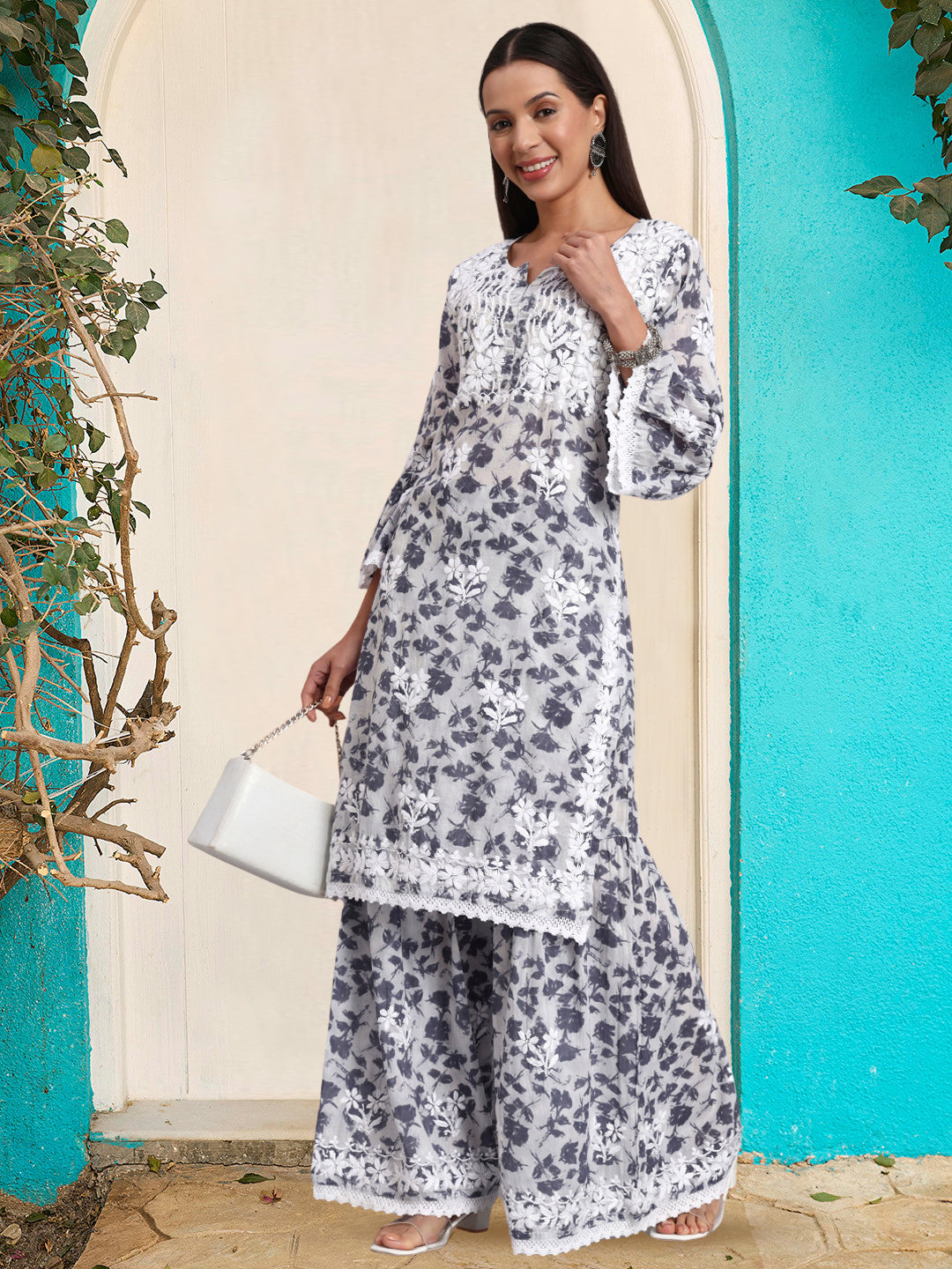 Women Hand Embroidered Chikankari Cotton Kurta Set-AL4099KS Grey