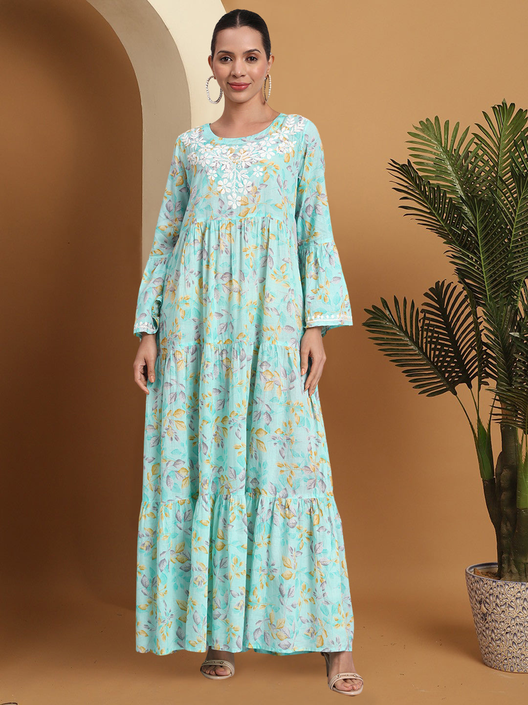 Hand Embroidered Chikankari A-Line Gathering Pattern Mulmul Cotton Jalabiya-AL3673A Seagreen