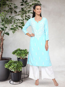 Hand Embroidered Chikankari Rayon Straight Kurta-AL3451 Blue