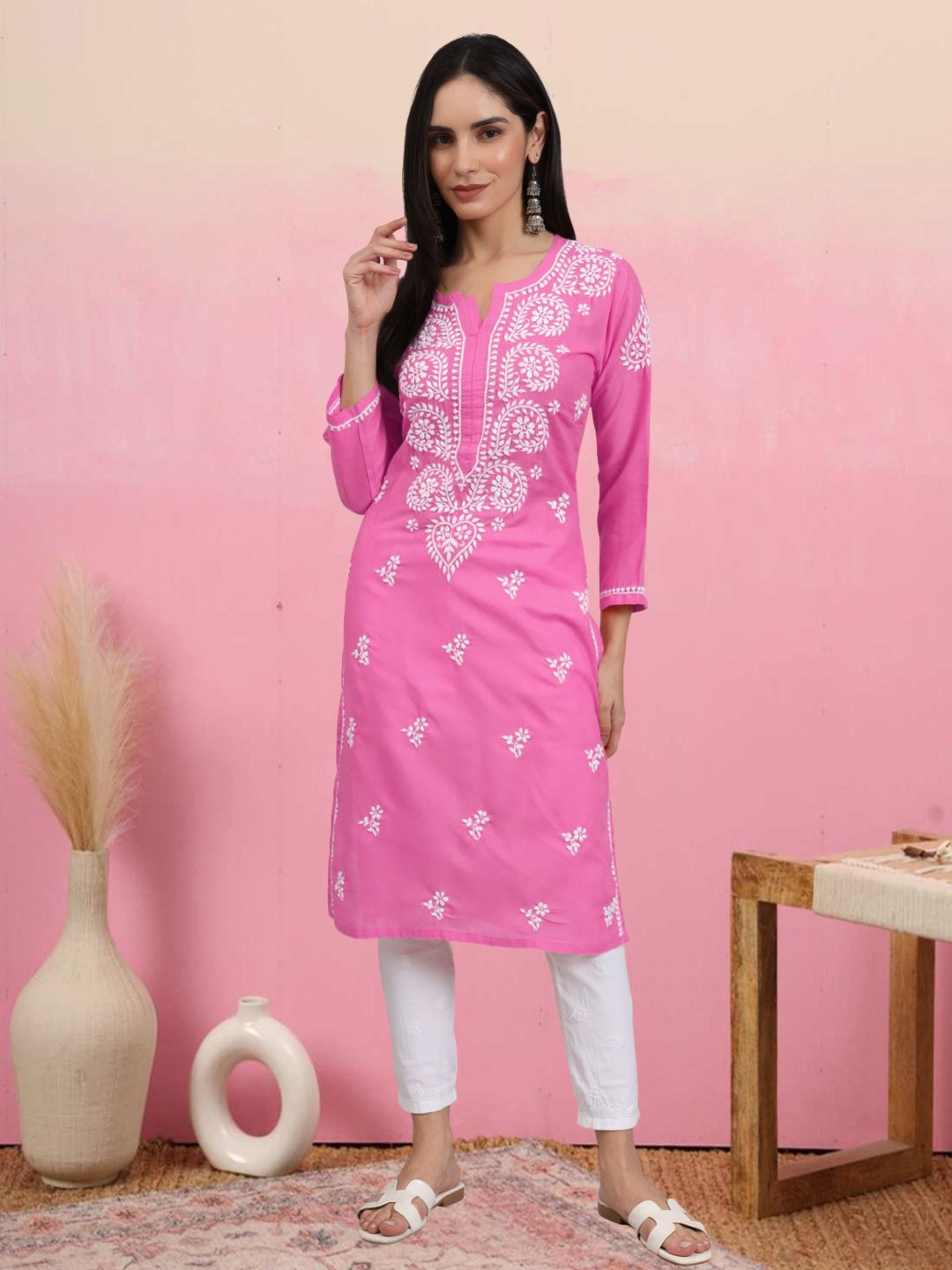 Hand Embroidered Chikankari Cotton Straight Kurta-AL3997 Dark Pink