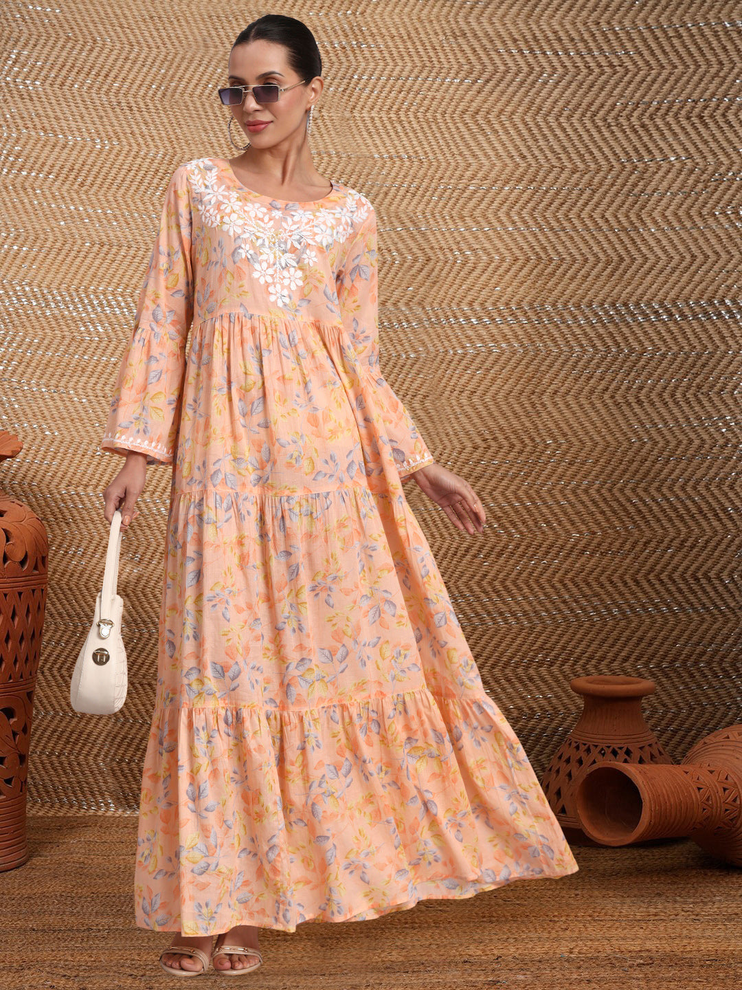 Hand Embroidered Chikankari A-Line Gathering Pattern Mulmul Cotton Jalabiya-AL3673A Peach