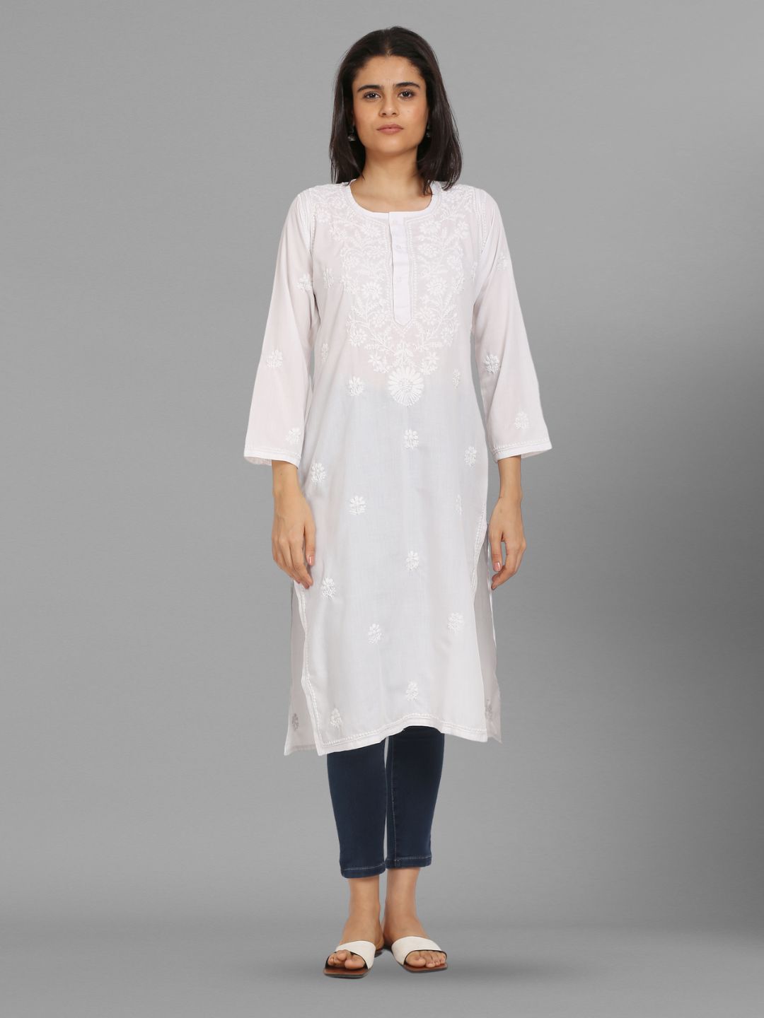 Hand Embroidered Chikankari Cotton Straight Kurta -ALNTV115 White