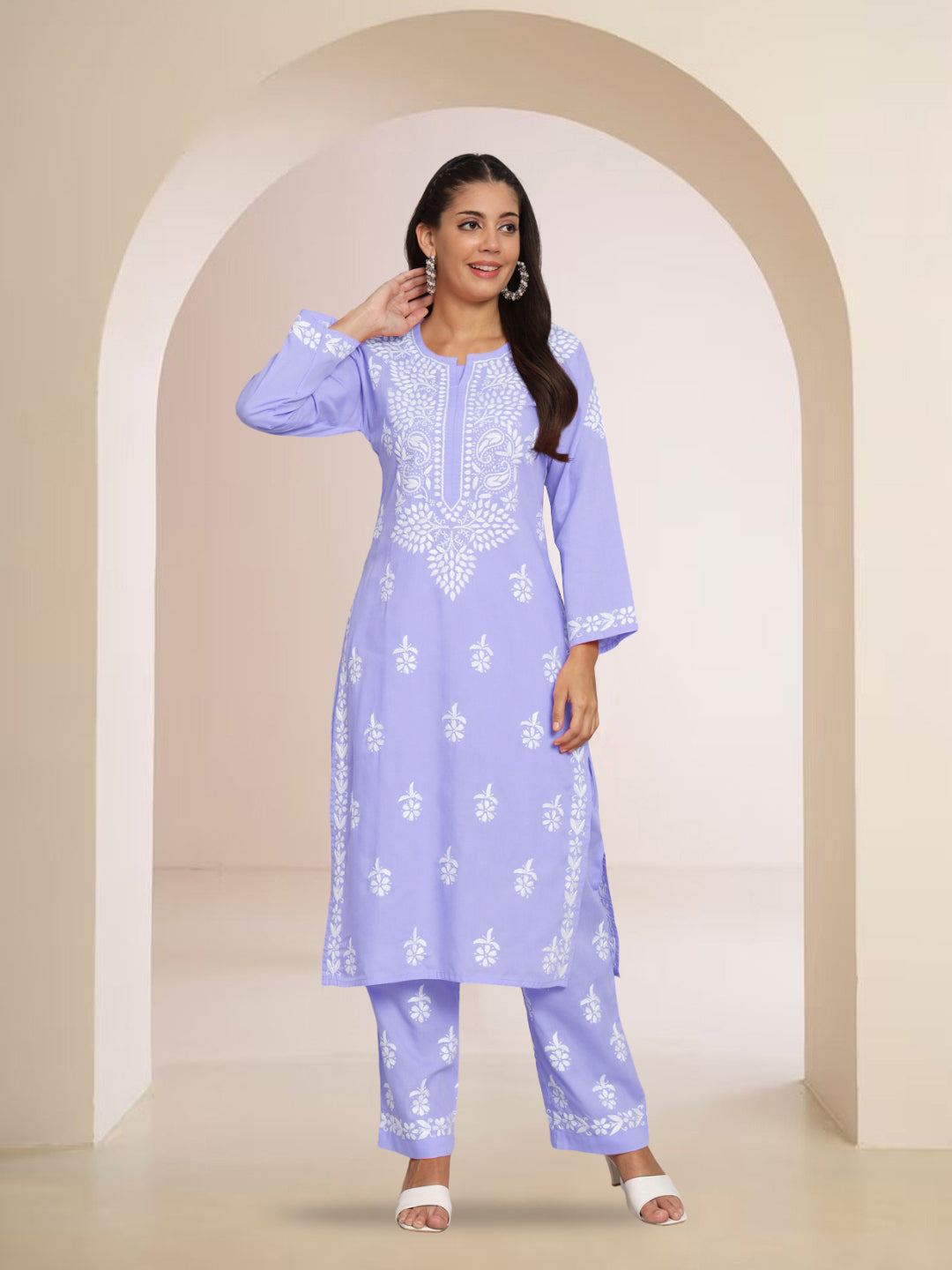 Women Hand Embroidered Chikankari Cotton Kurta Set-AL3674KS Mauve