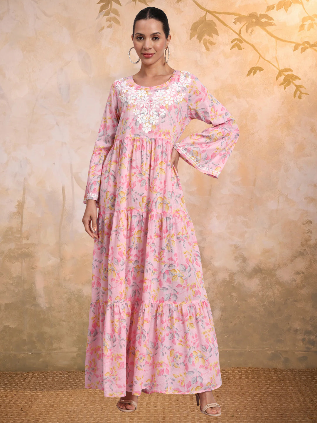 Hand Embroidered Chikankari A-Line Gathering Pattern Mulmul Cotton Jalabiya-AL3673A Pink
