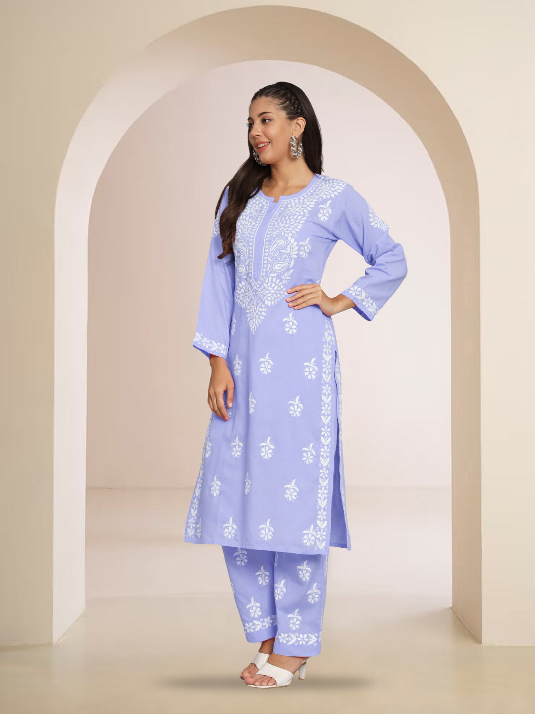 Women Hand Embroidered Chikankari Cotton Kurta Set-AL3674KS Mauve