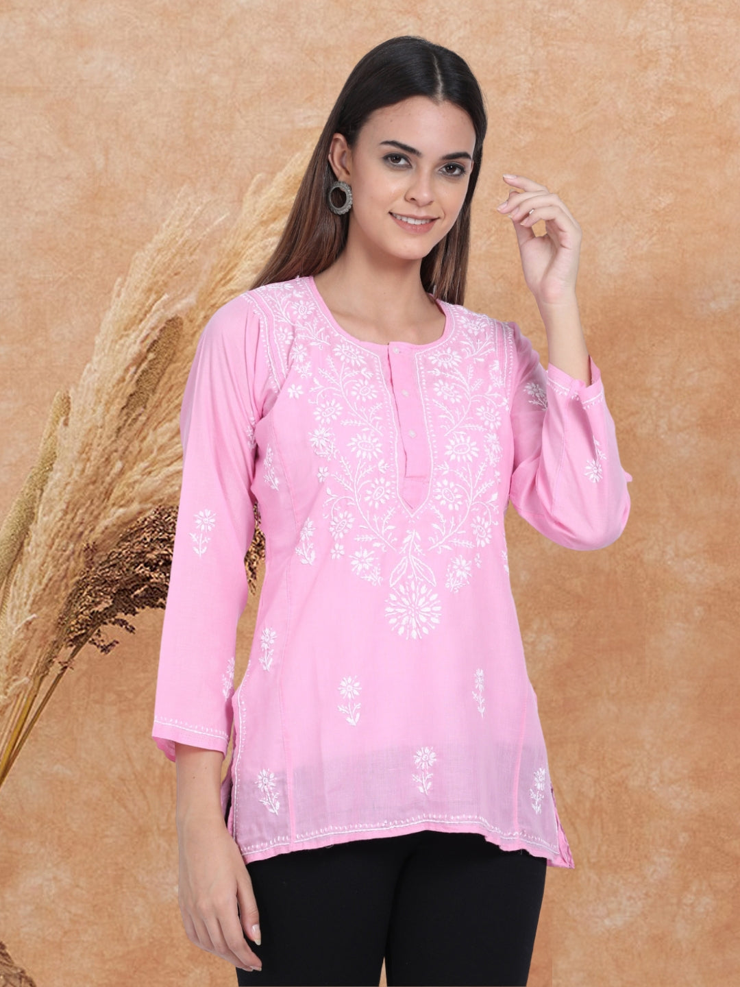 Women Hand Embroidered Chikankari Cotton Kurti-ALSTV115 Pink