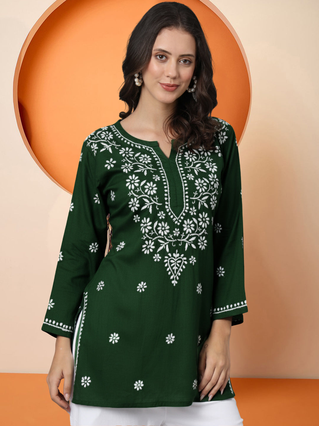 Women Hand Embroidered Modal Chikankari Kurti-AL3611 Bottle Green