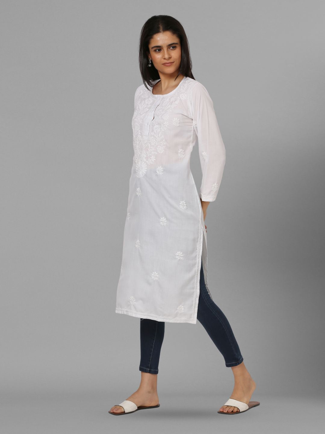 Hand Embroidered Chikankari Cotton Straight Kurta -ALNTV115 White