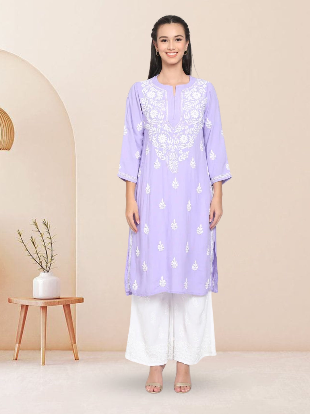 Hand Embroidered Chikankari Rayon Straight Kurta-AL3451 Mauve