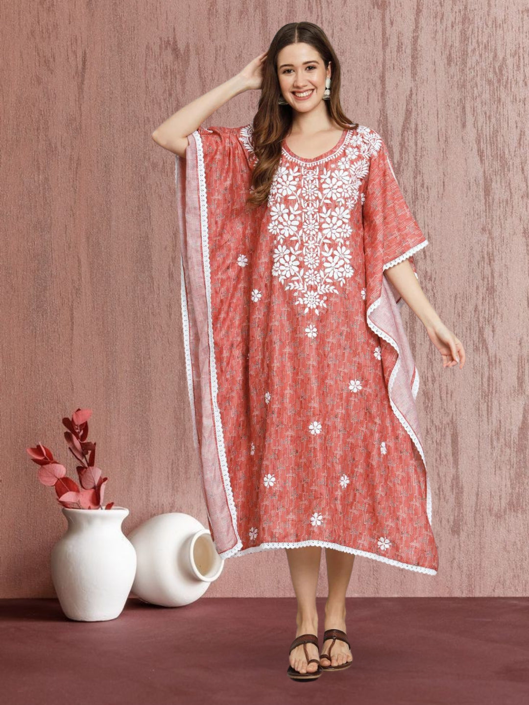 Hand Embroidered Chikankari Floral Print Cotton Midi Kaftan-AL3647 Peach
