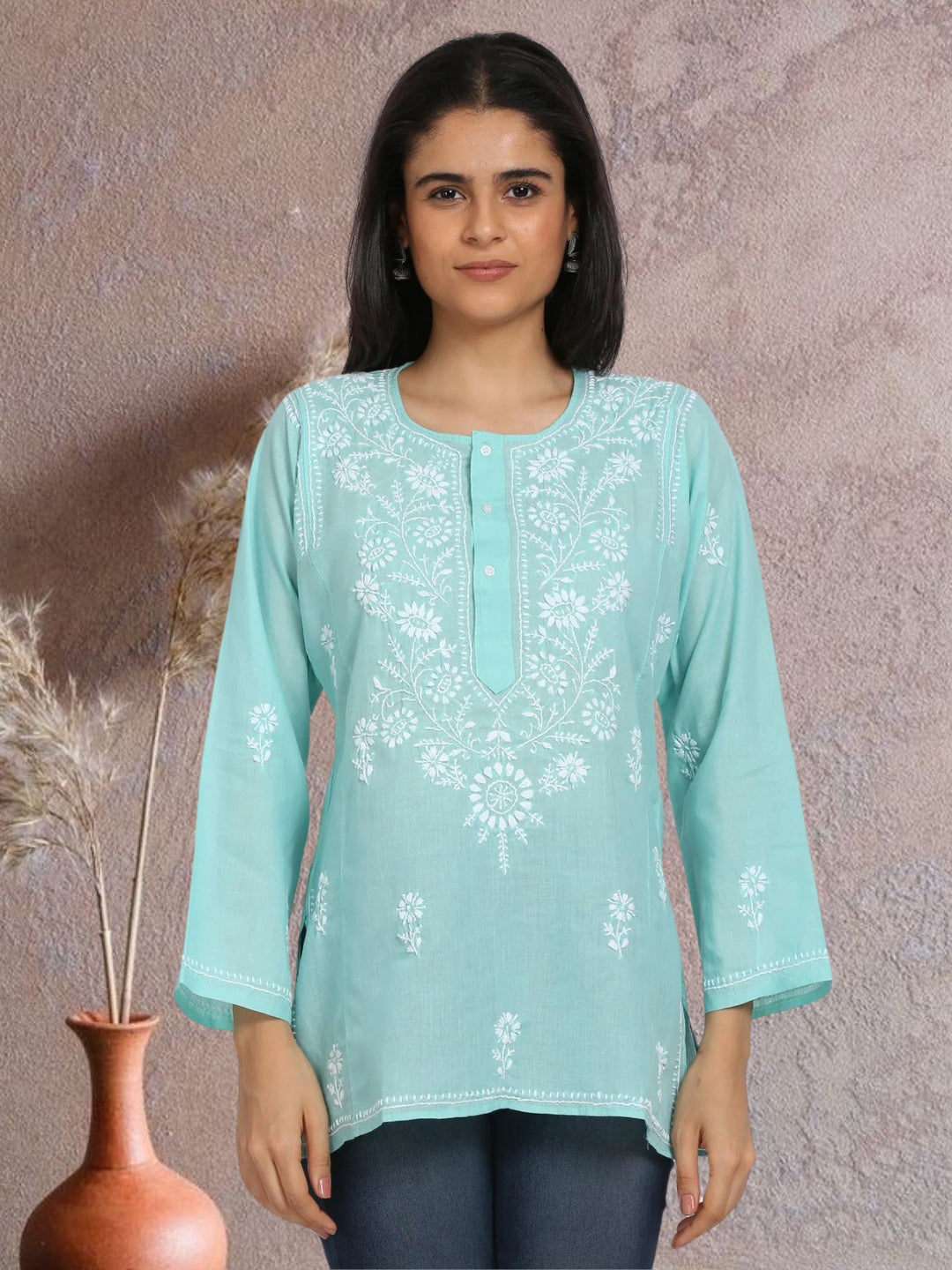 Women Hand Embroidered Chikankari Cotton Kurti-ALSTV115 Lightgreen