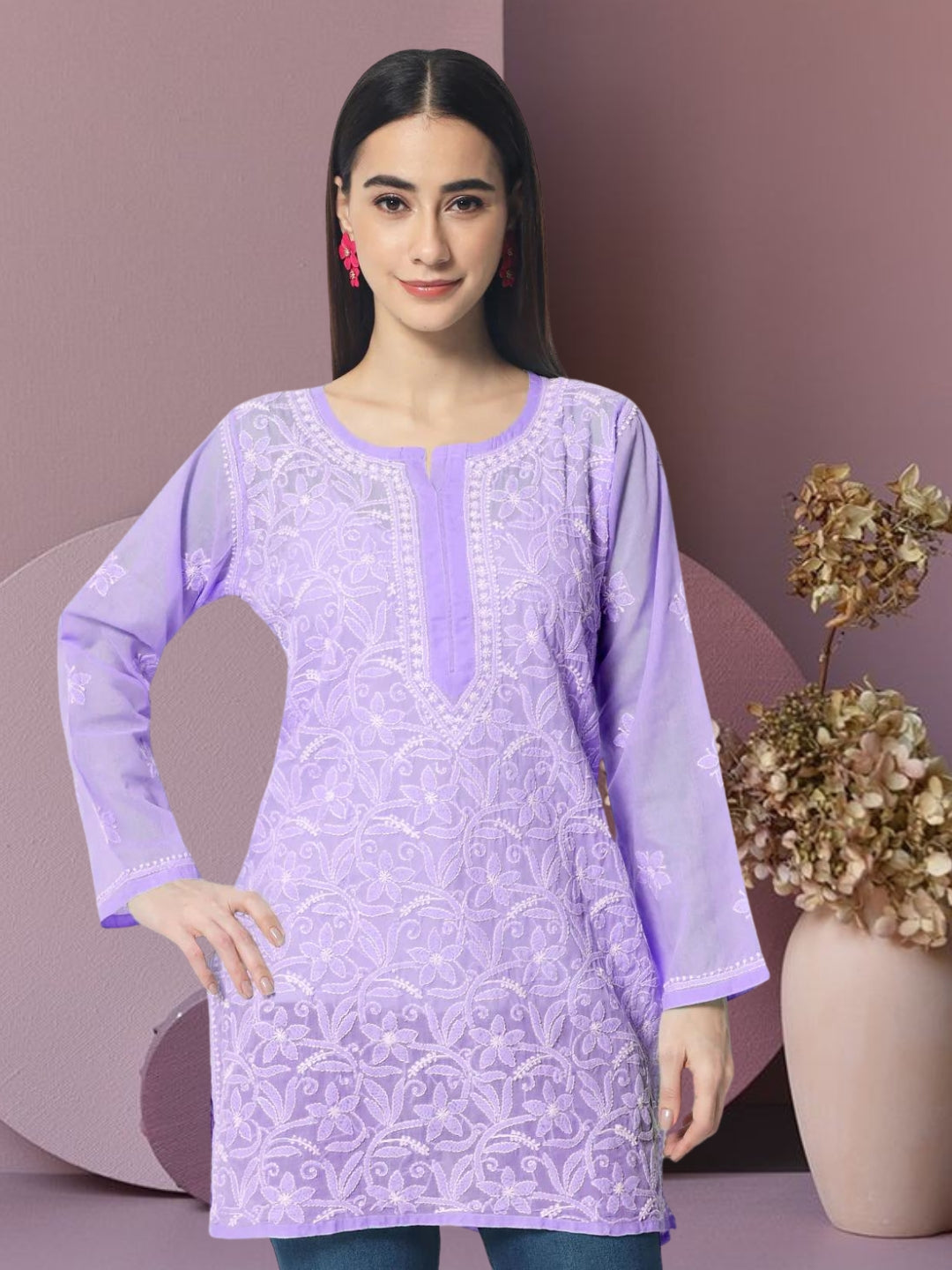 Hand Embroidered Chikankari Cotton Straight Short Kurti-AL3591 Purple