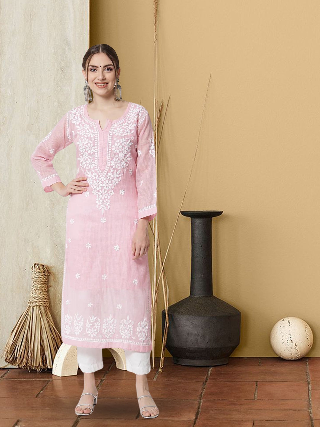 Hand Embroidered Chikankari Kota Straight Kurta With Slip-AL3540 Babypink