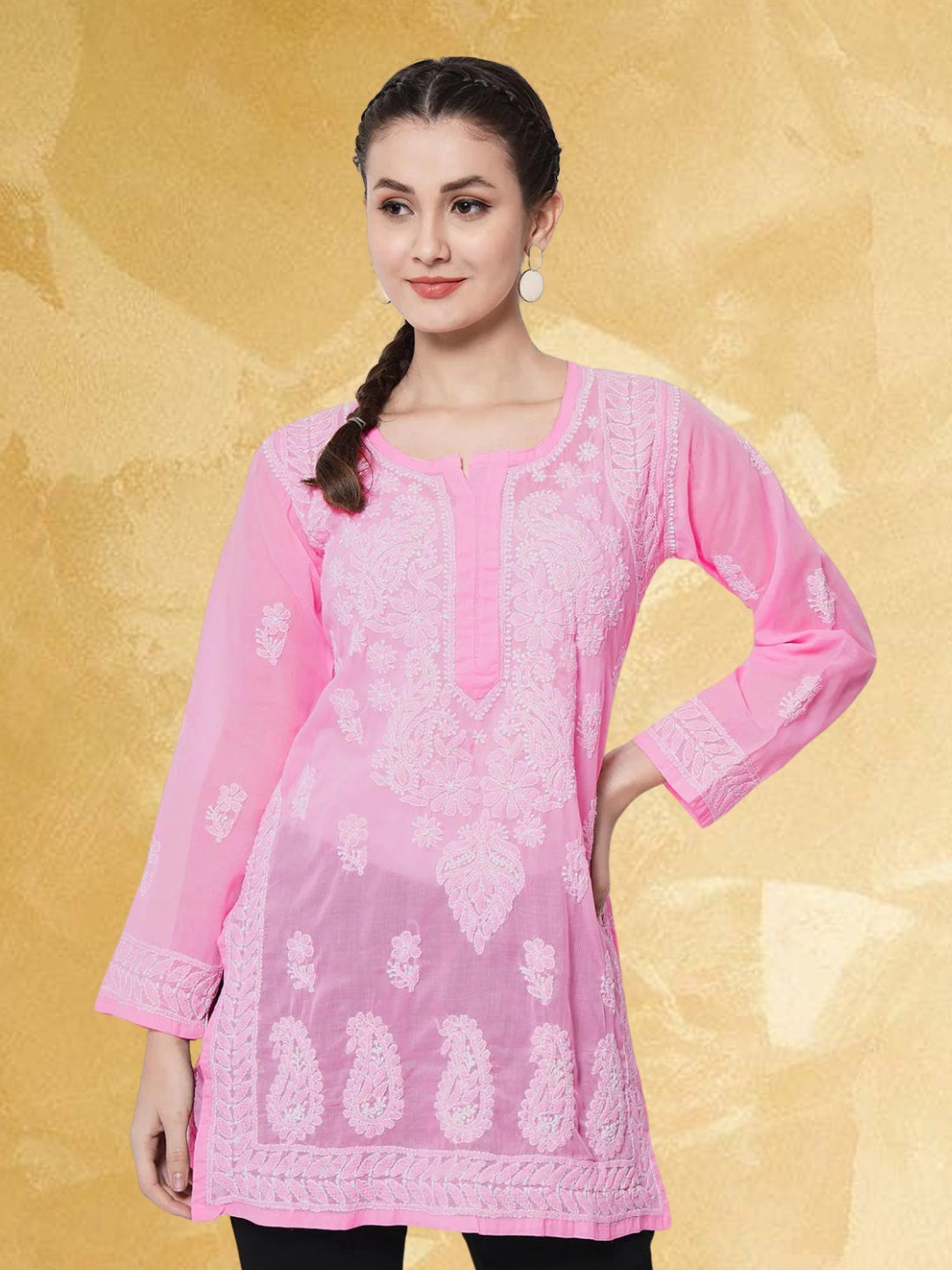 Hand Embroidered Chikankari Cotton Straight Kurti-AL3595 Darkpink